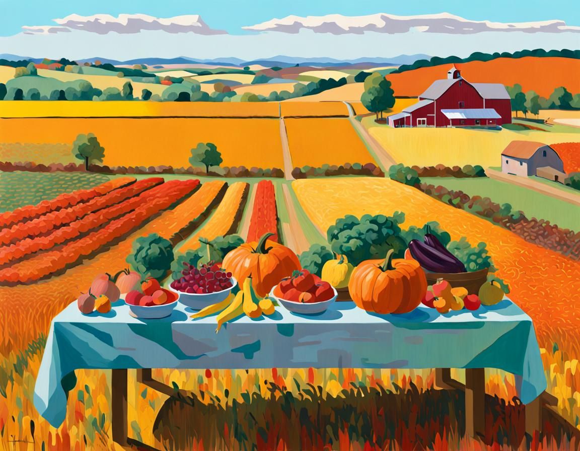 Autumn Harvest Table in Rural Landscape