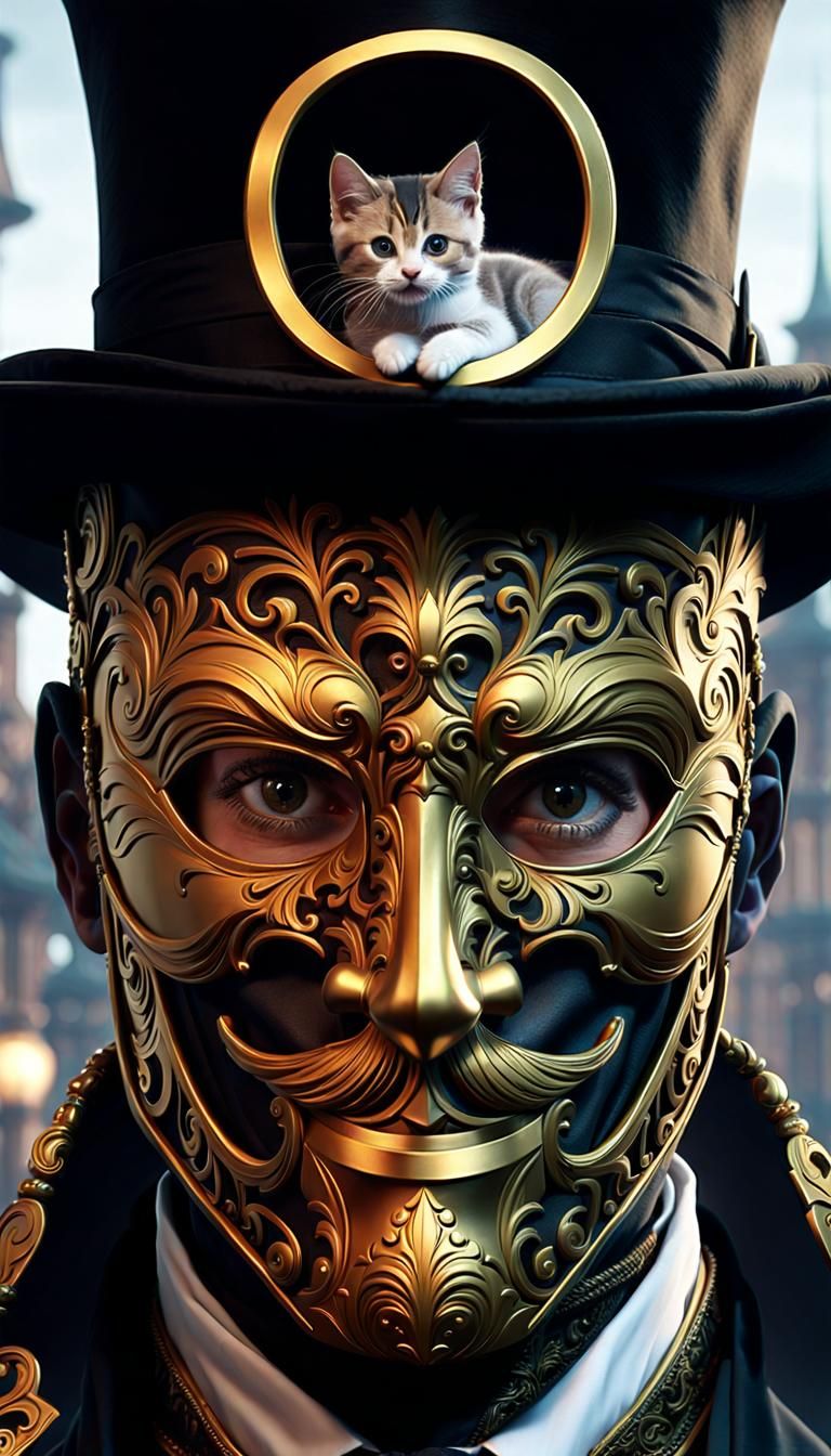 Victorian Man with Kitten in Top Hat, Detailed Art