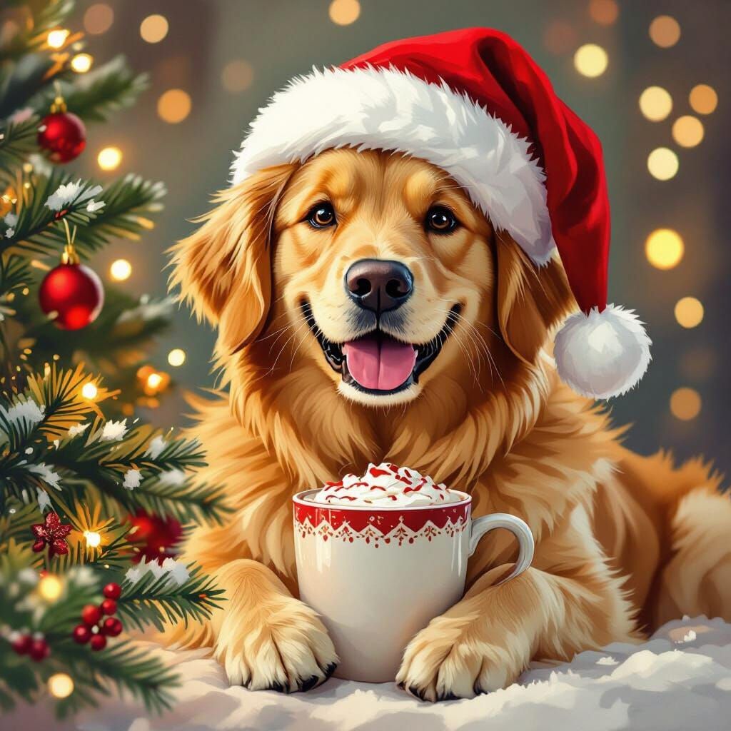 Golden Retriever in Santa Hat with Hot Chocolate
