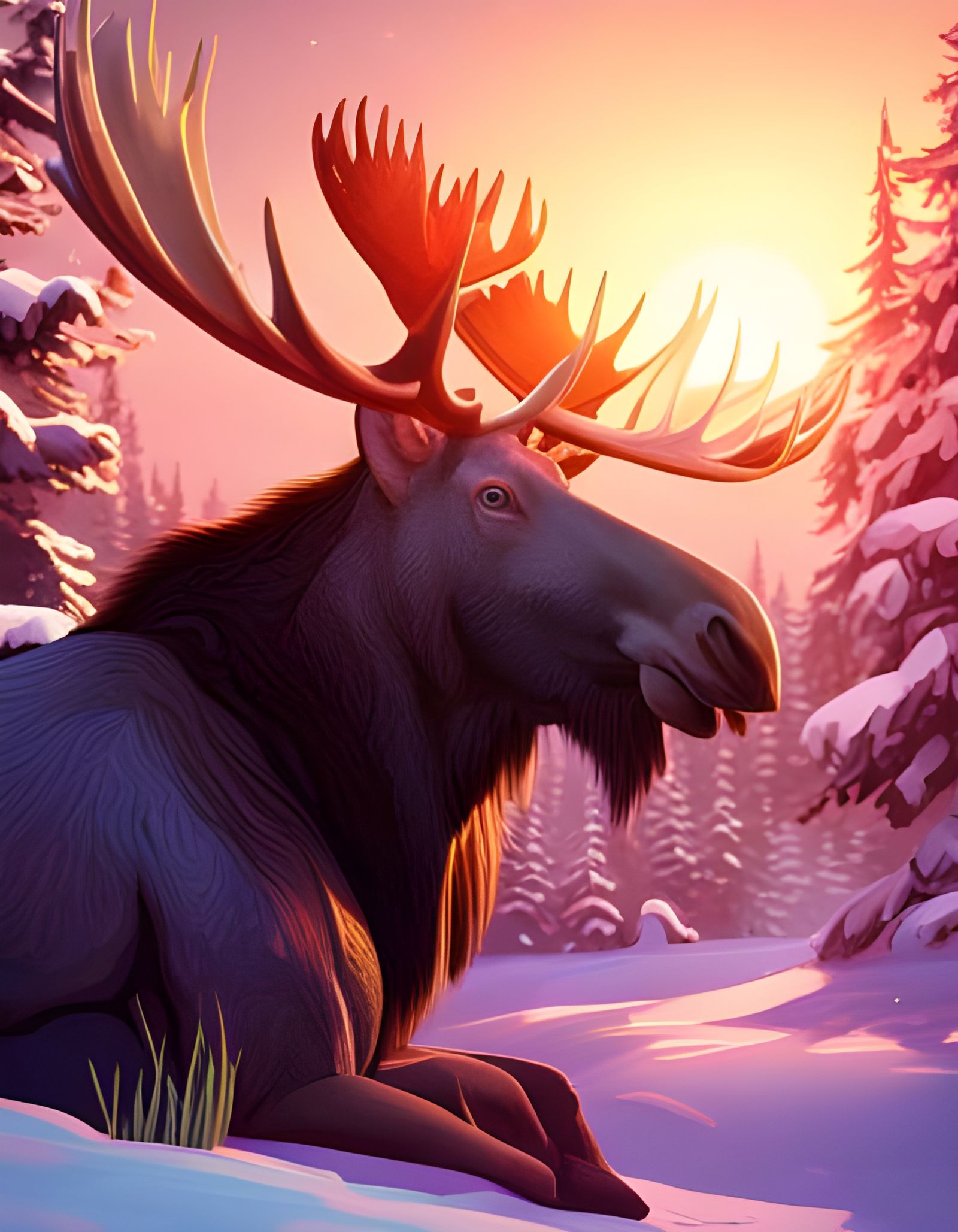 Moose Portrait in Snow, Detailed Concept Art