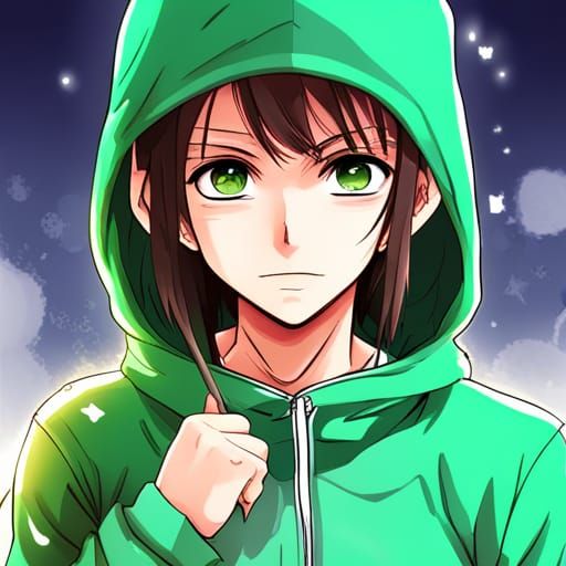 Beautiful Anime Girl in Green Hoodie