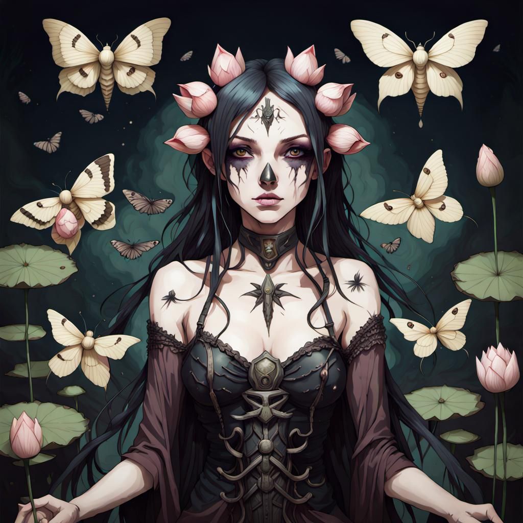 Decaying Necrogoddess with Moths and Lotus
