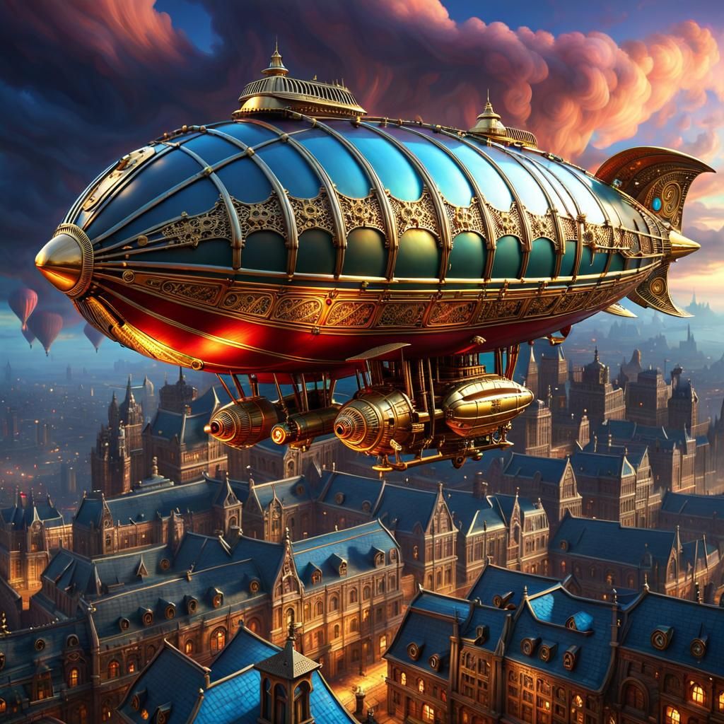 Steampunk Zeppelin Over Cyberpunk Gothic City