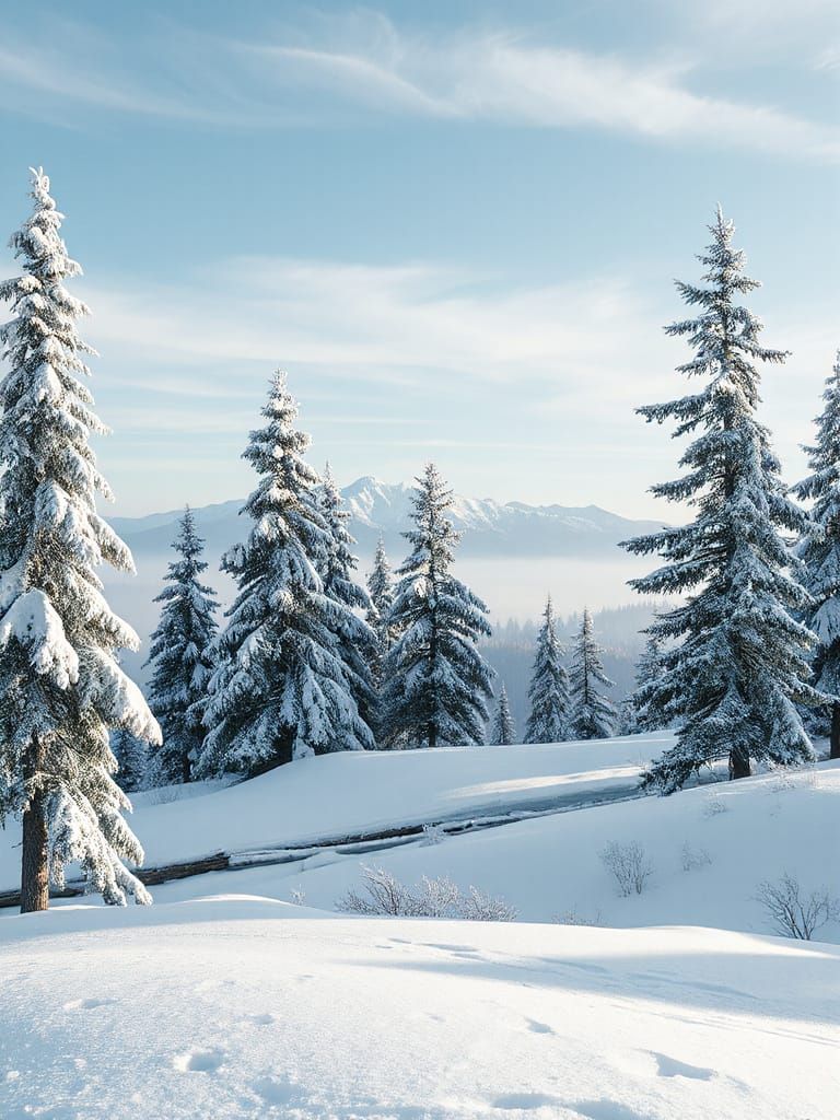 Photoreal Winter Landscape with Frosty Pines and Misty Mount...