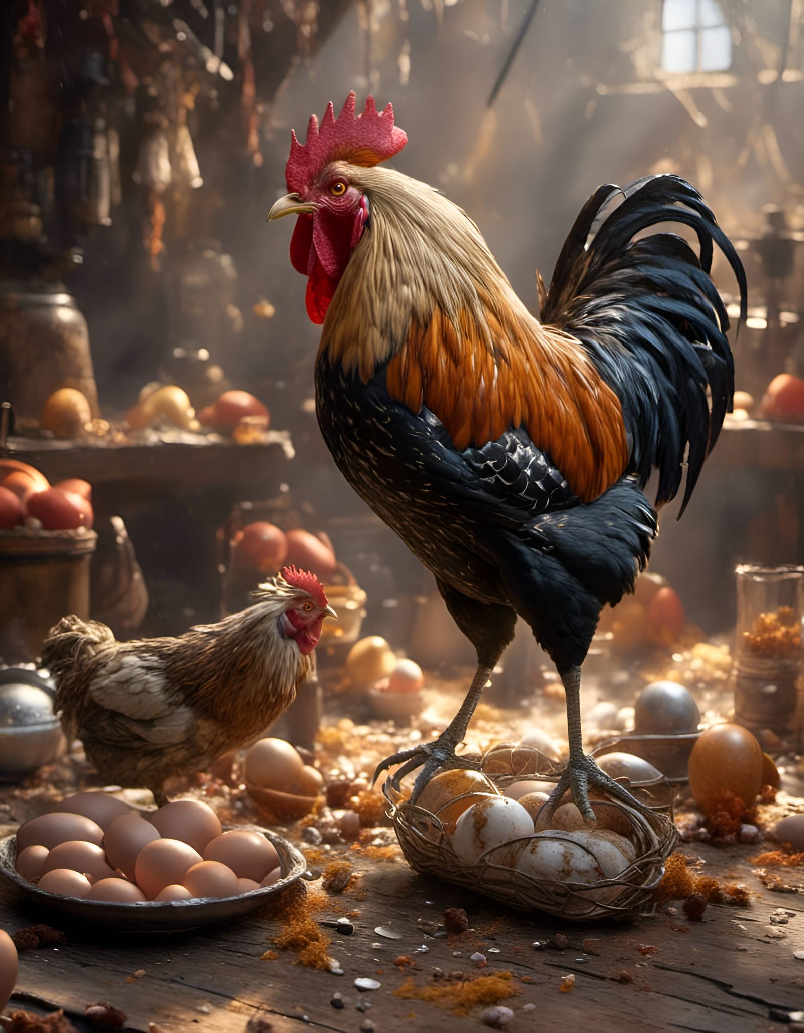 Rooster and Chicken Chatting About an Egg