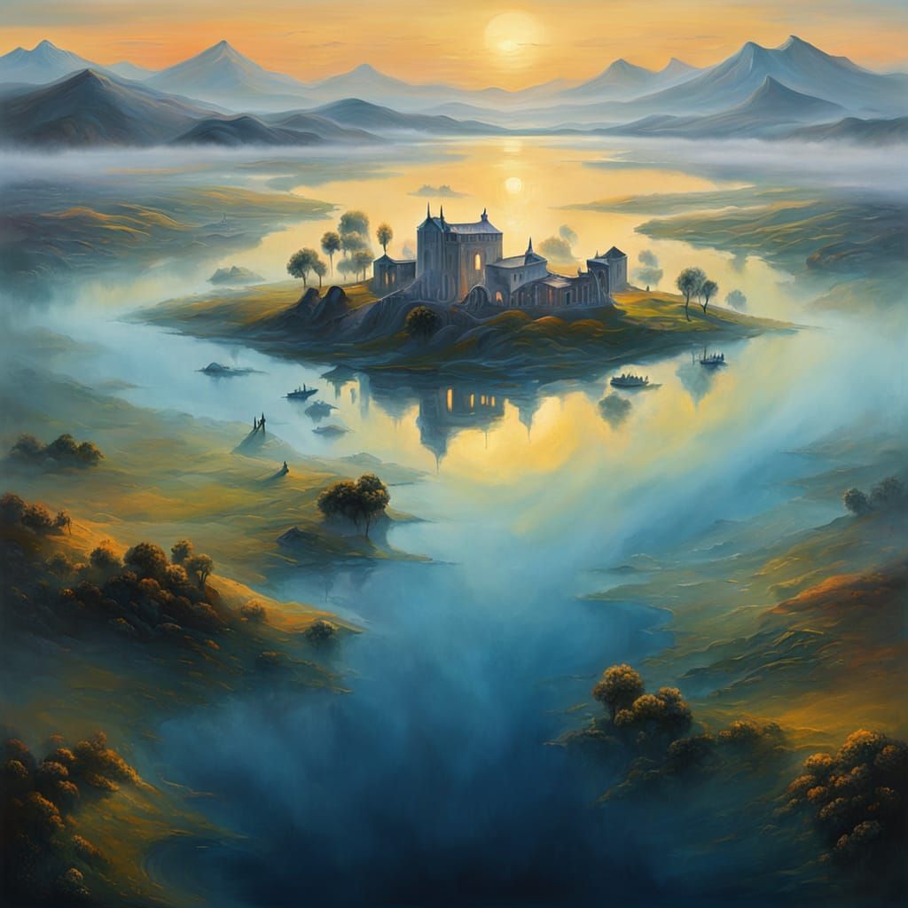 Dreamlike Lake in Morning Mists: Surrealist Oil Painting