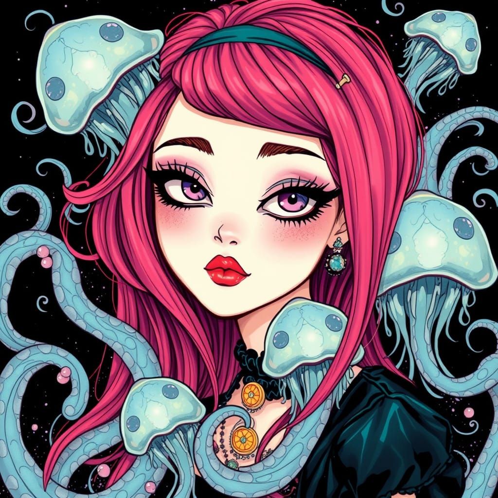 Gothic Emo Female in Whimsical Jellyfish Realm