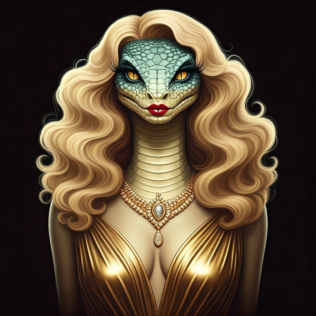 Reptilian Femme Fatale with Blonde Hair and Jewelry