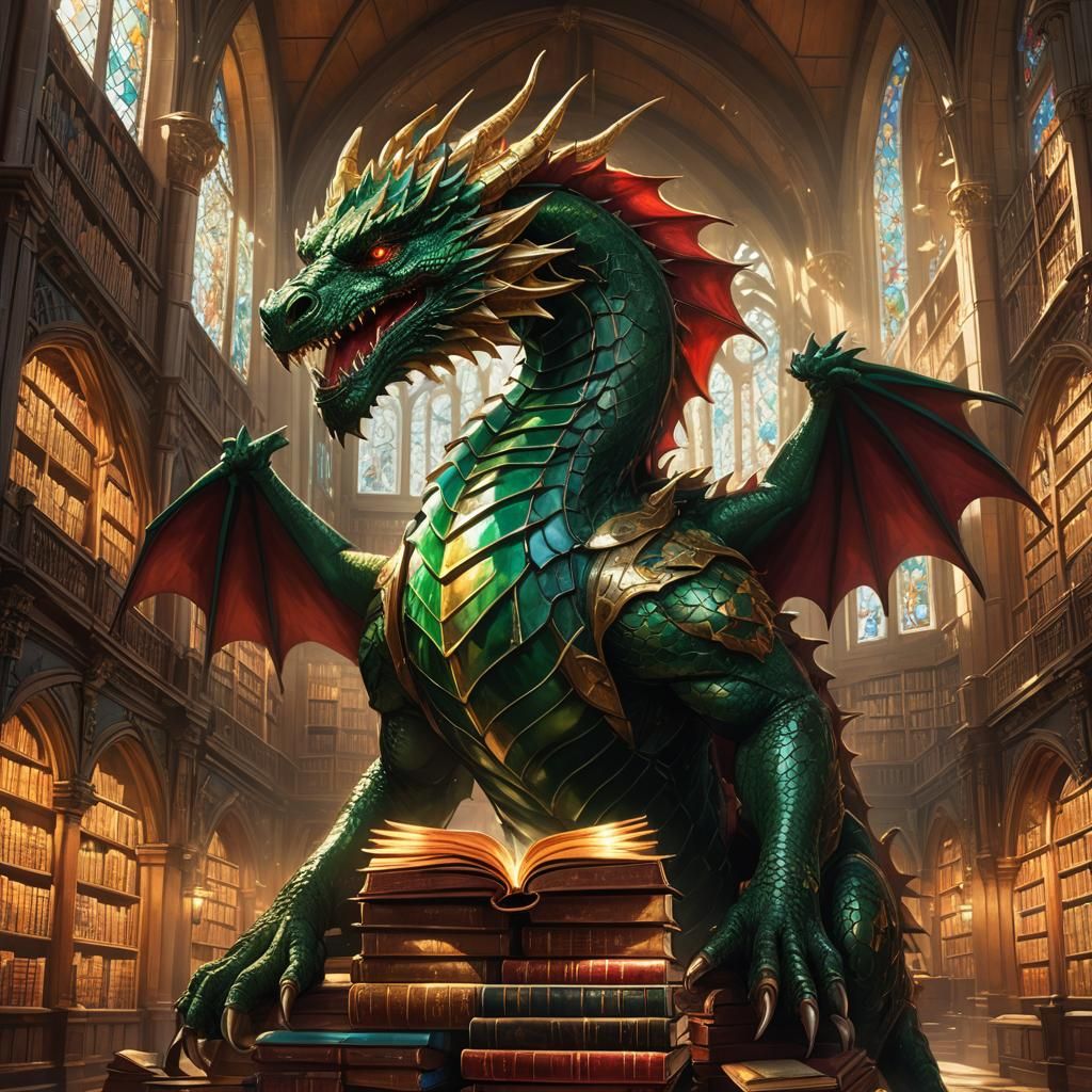 Dragon Guardian of Mystical Library in Art Nouveau Style