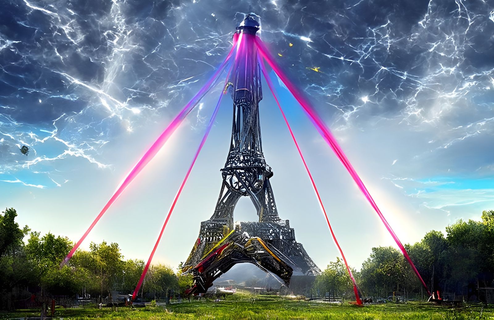 Eiffel Tower Fires Laser Beams in Hyperrealistic Style