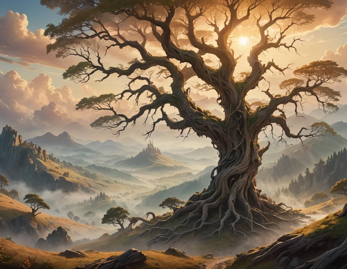 Majestic Ancient Tree in Fantasy Landscape
