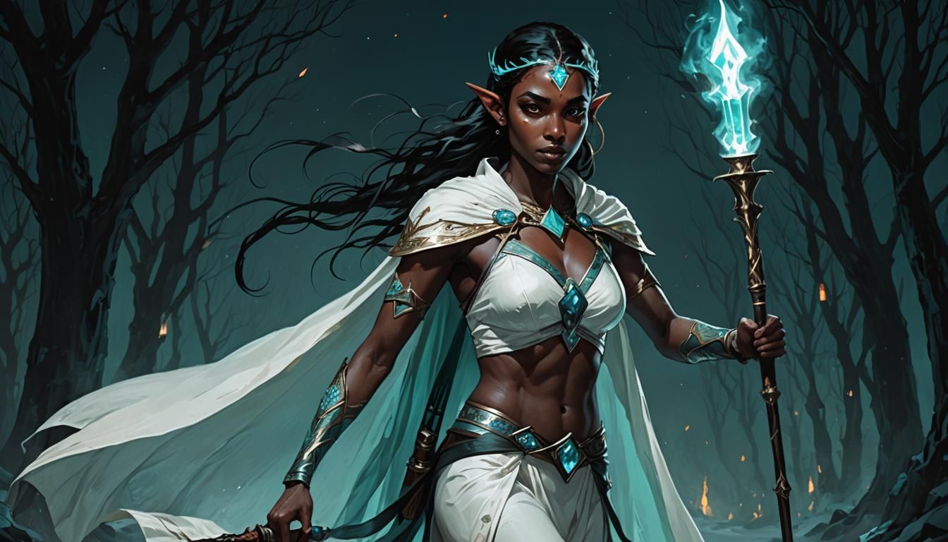 Ebony Elf Sportswoman Skiing with Torch at Night