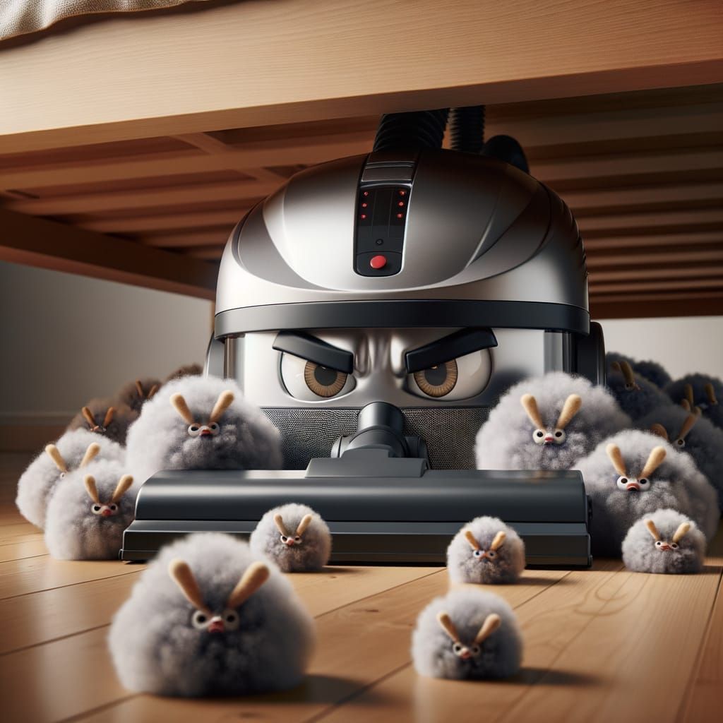 Angry Vacuum Cleaner Confronts Fluffy Dust Bunnies Under Bed