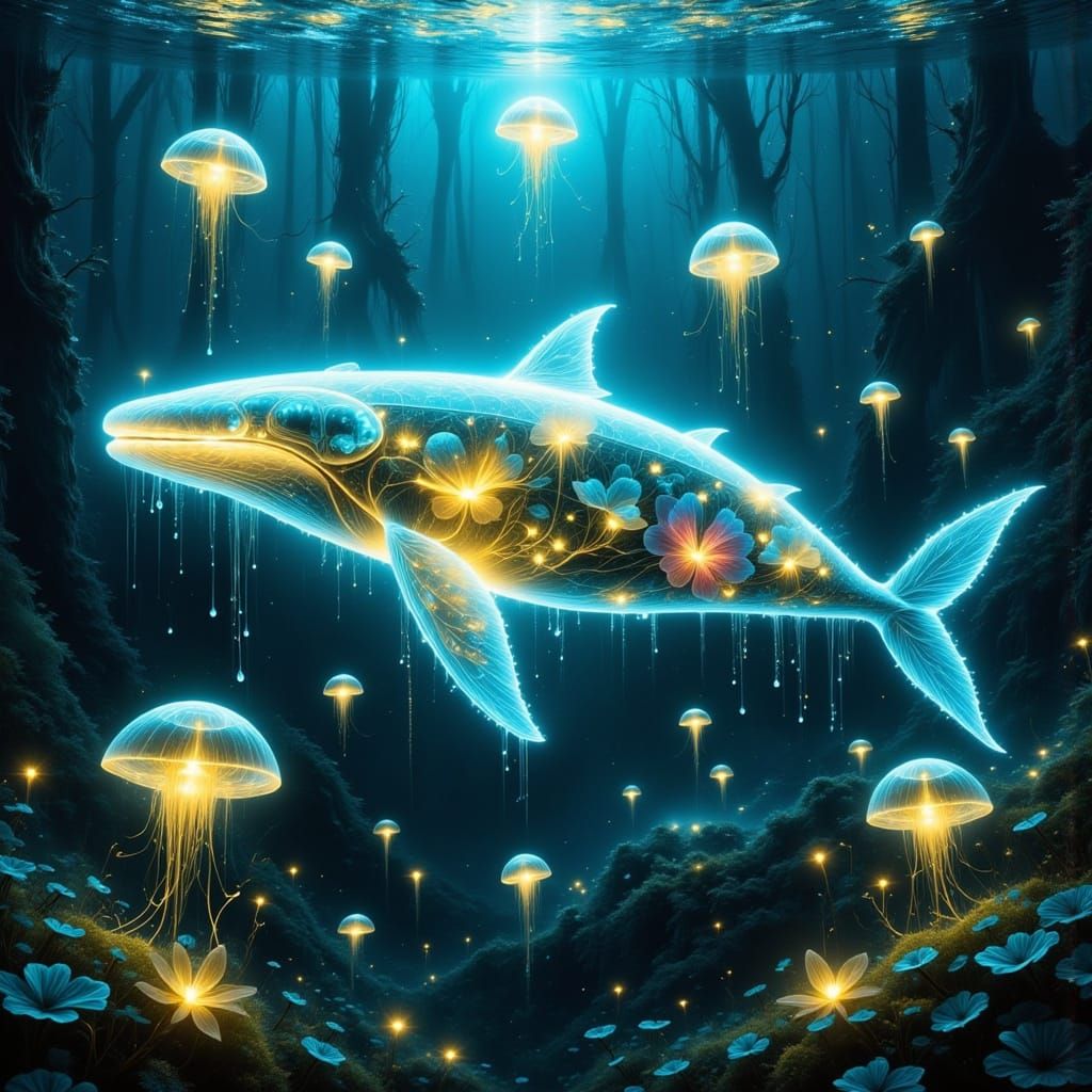 Glowing Glass Whale Dives in Ocean Depths