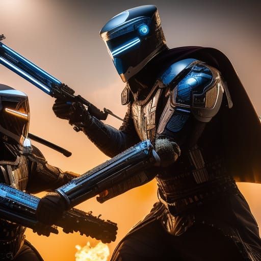 Epic Battle of Futuristic Cyborgs with Glowing Swords