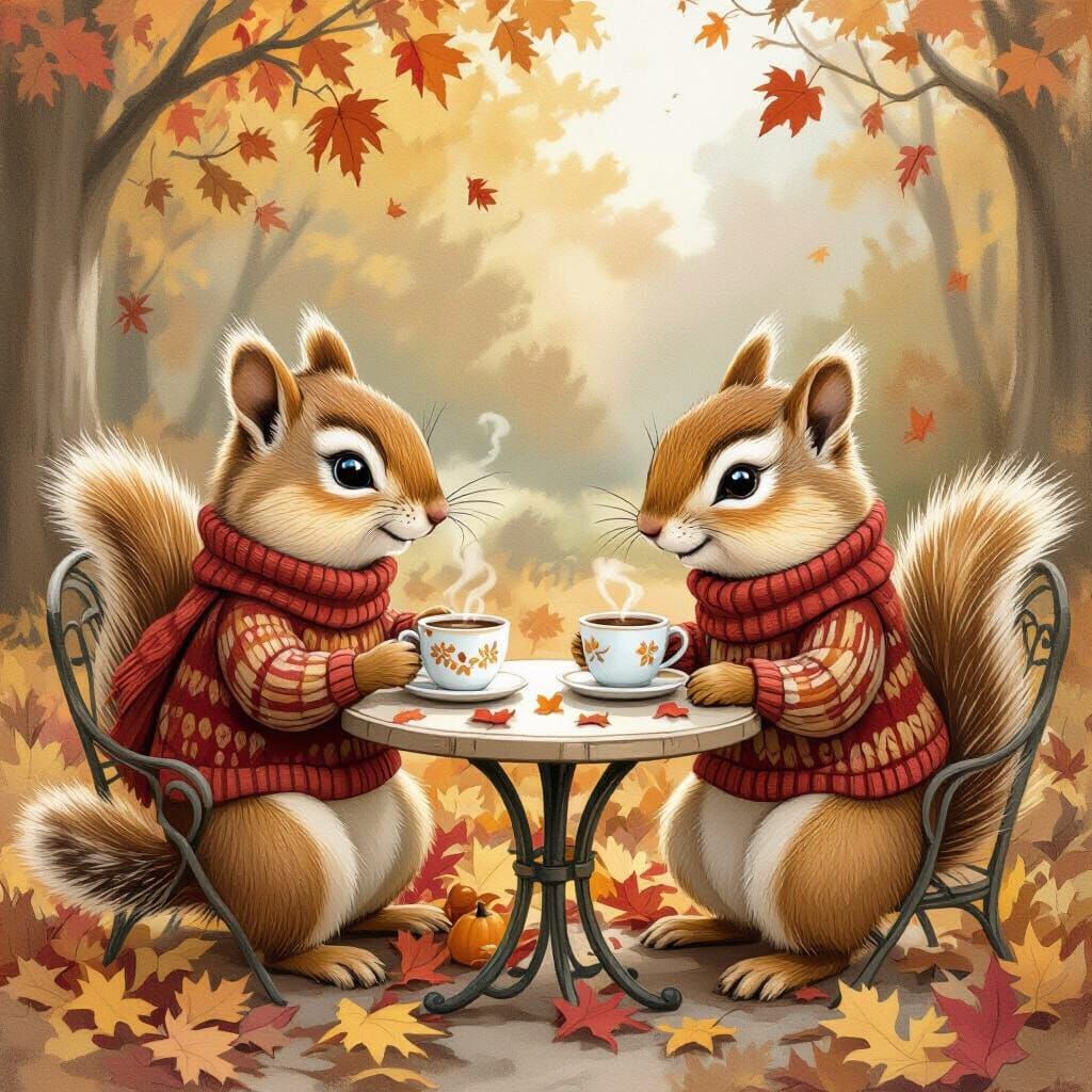 Chipmunks Enjoying Coffee in Autumn, Storybook Illustration