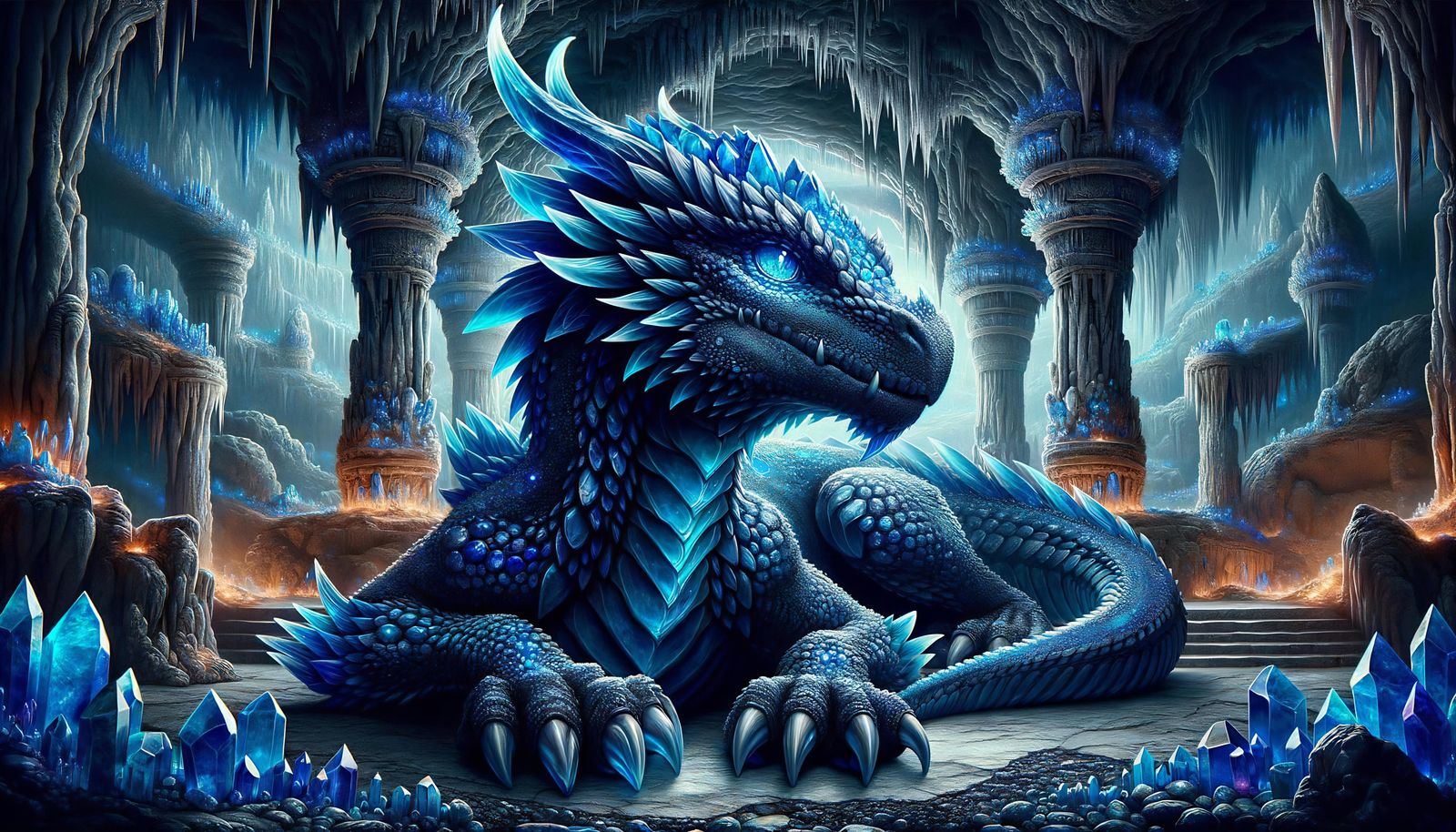 Adult Sapphire Dragon in Crystal Cave Lair