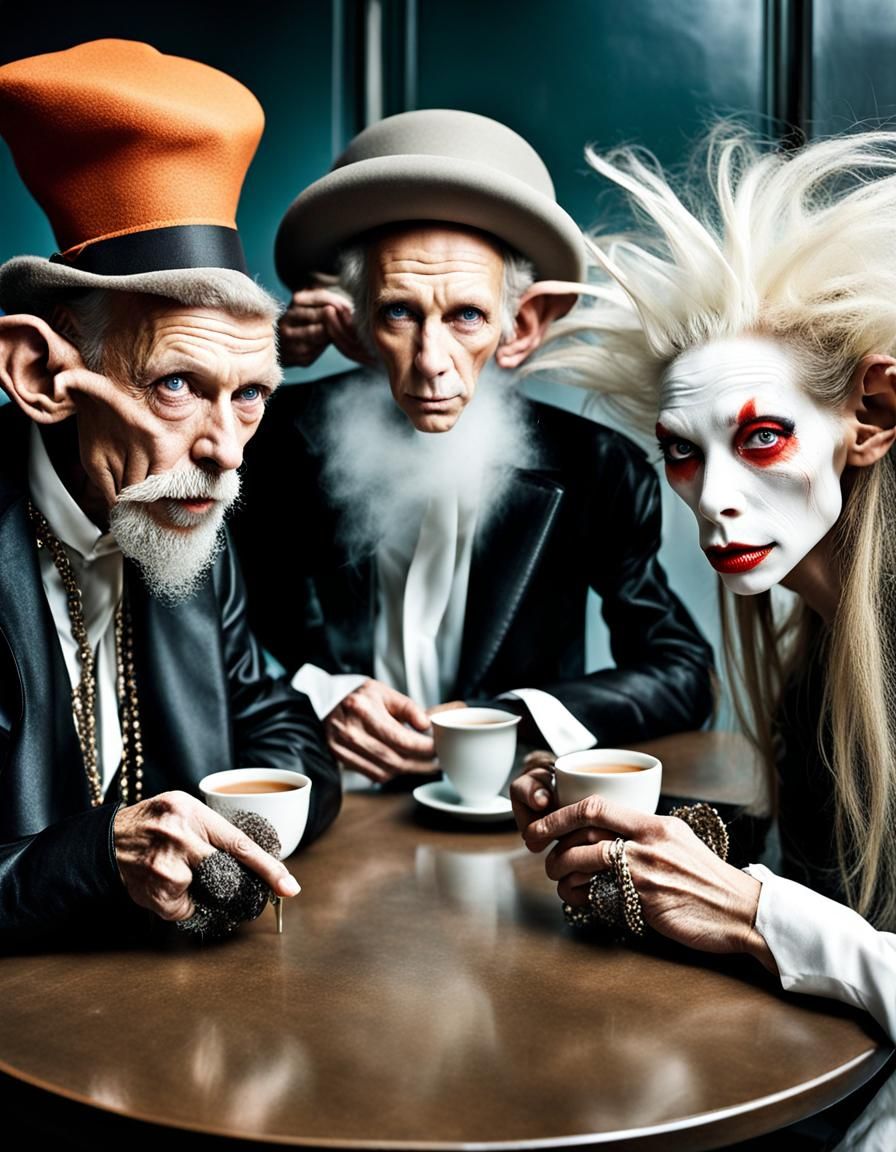 Elegant Women in Cafe: Hyperrealistic Couture Portrait