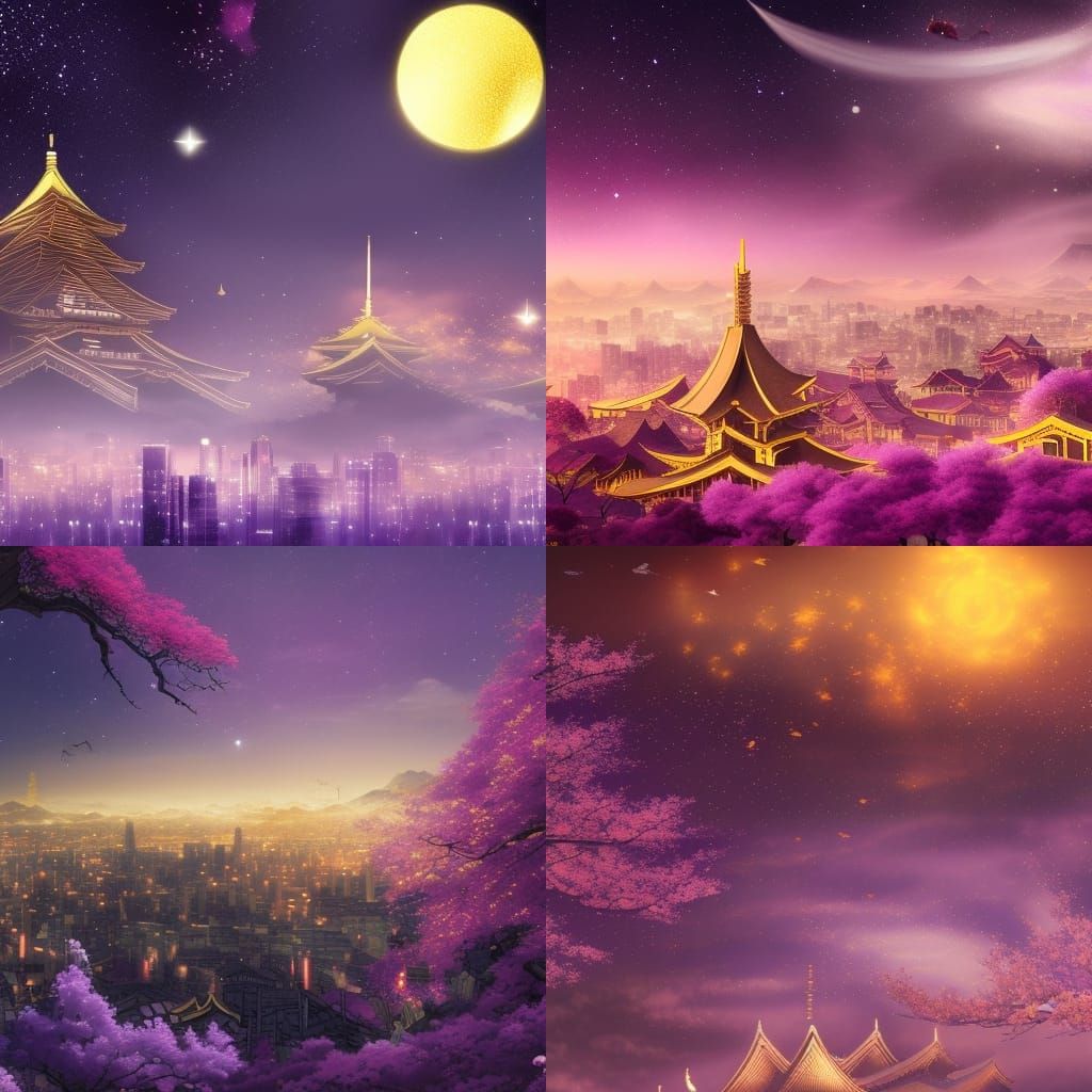 Fantastical Japanese City with Midnight Sun and Sakura