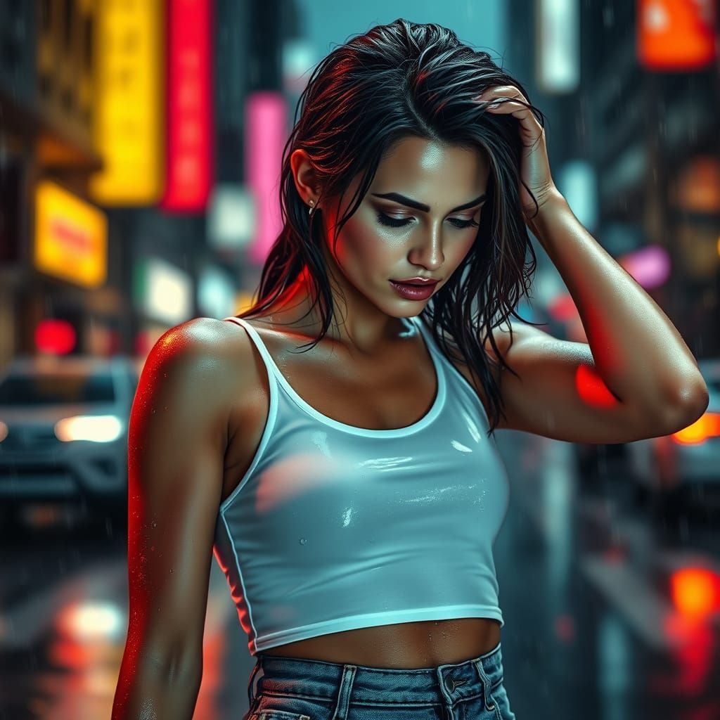 Glamorous Woman in Rain, Photorealistic Cinematic Portrait