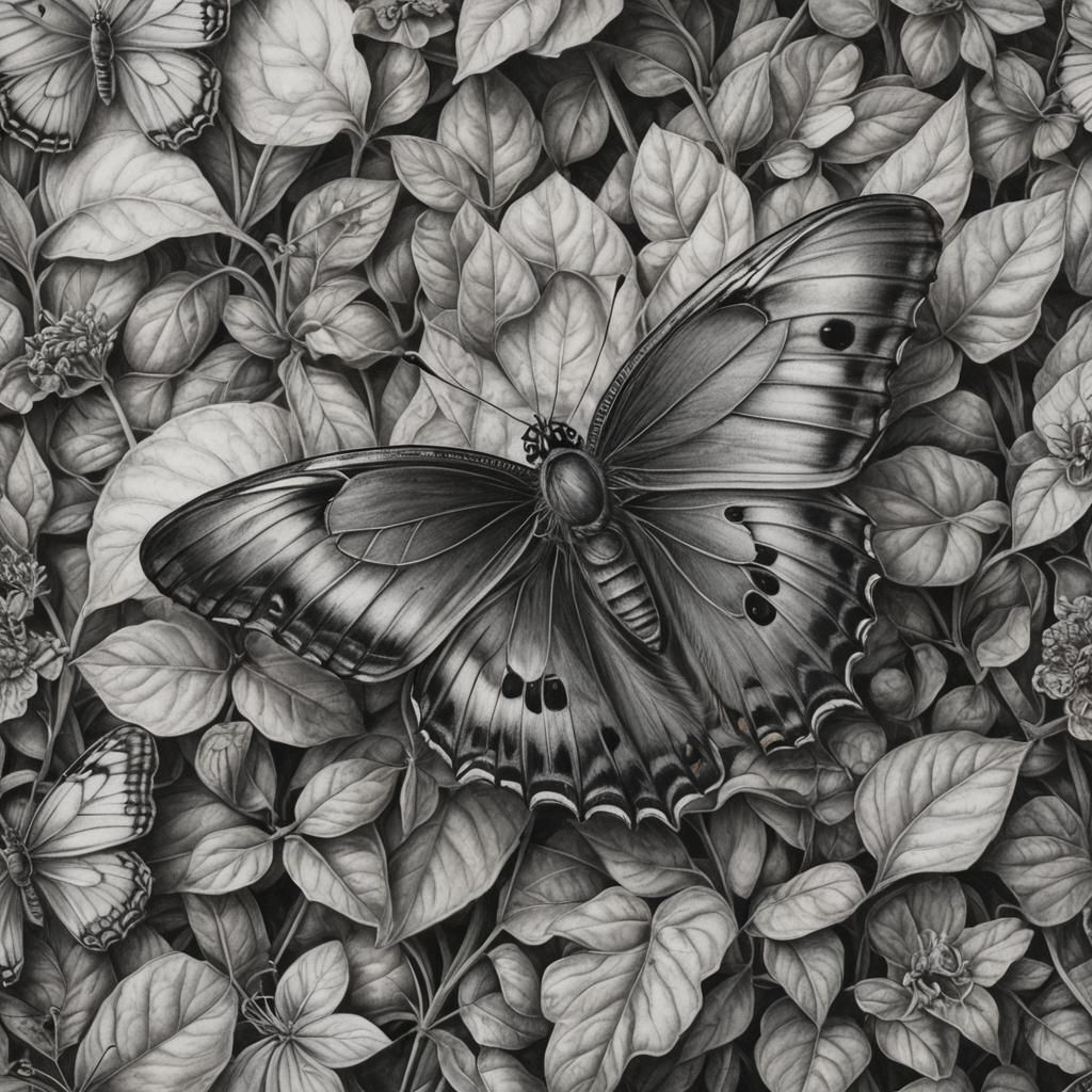 Detailed Charcoal Botanical Butterfly Illustration