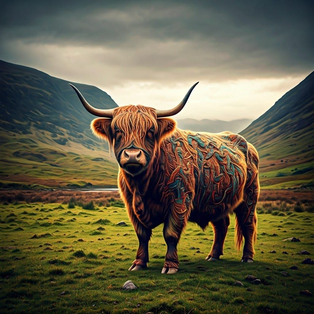 Majestic Highland Cow with Multicolored String Coat