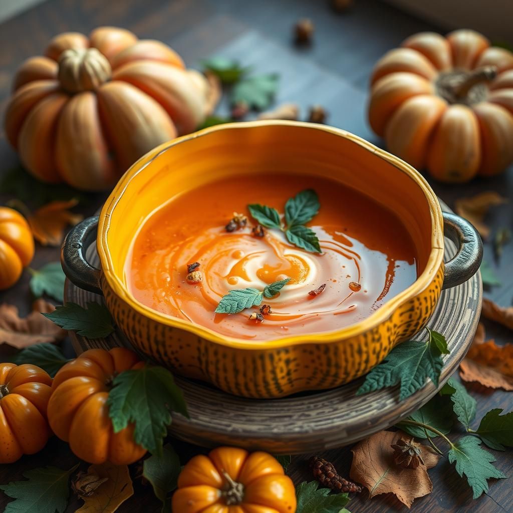 Sopa de calabaza ahumada, humeante, en un recipiente rústico...