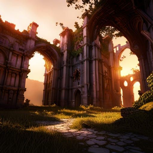 Ruined Castle Sunset: Dark Fantasy Concept Art