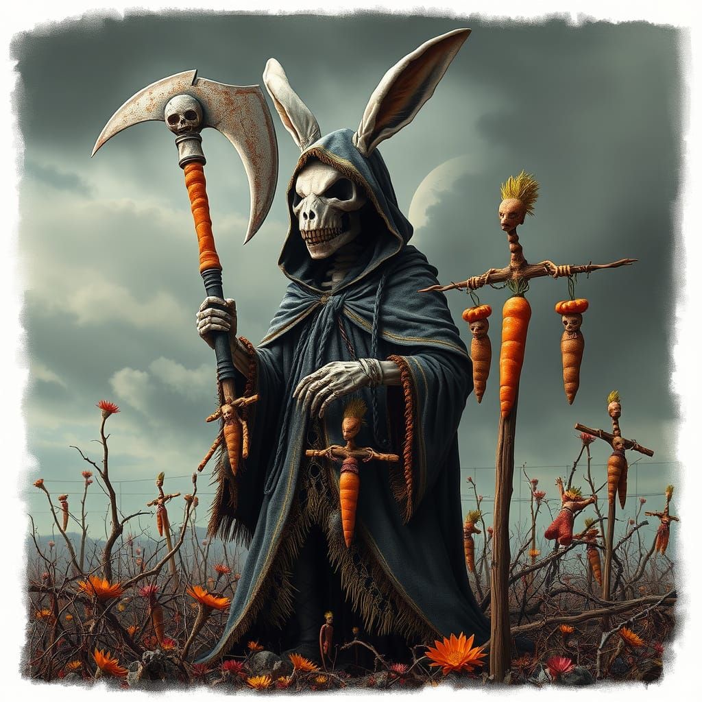 Skeletal Rabbit Reaper in Post-Apocalyptic Landscape