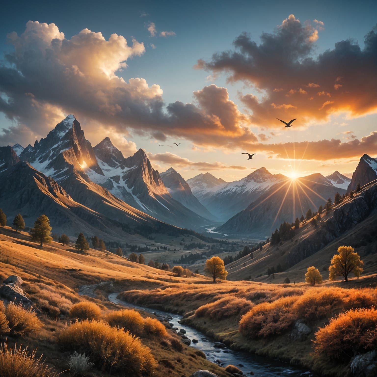 Sunlit Mountains Sky in Warm Golden Hour