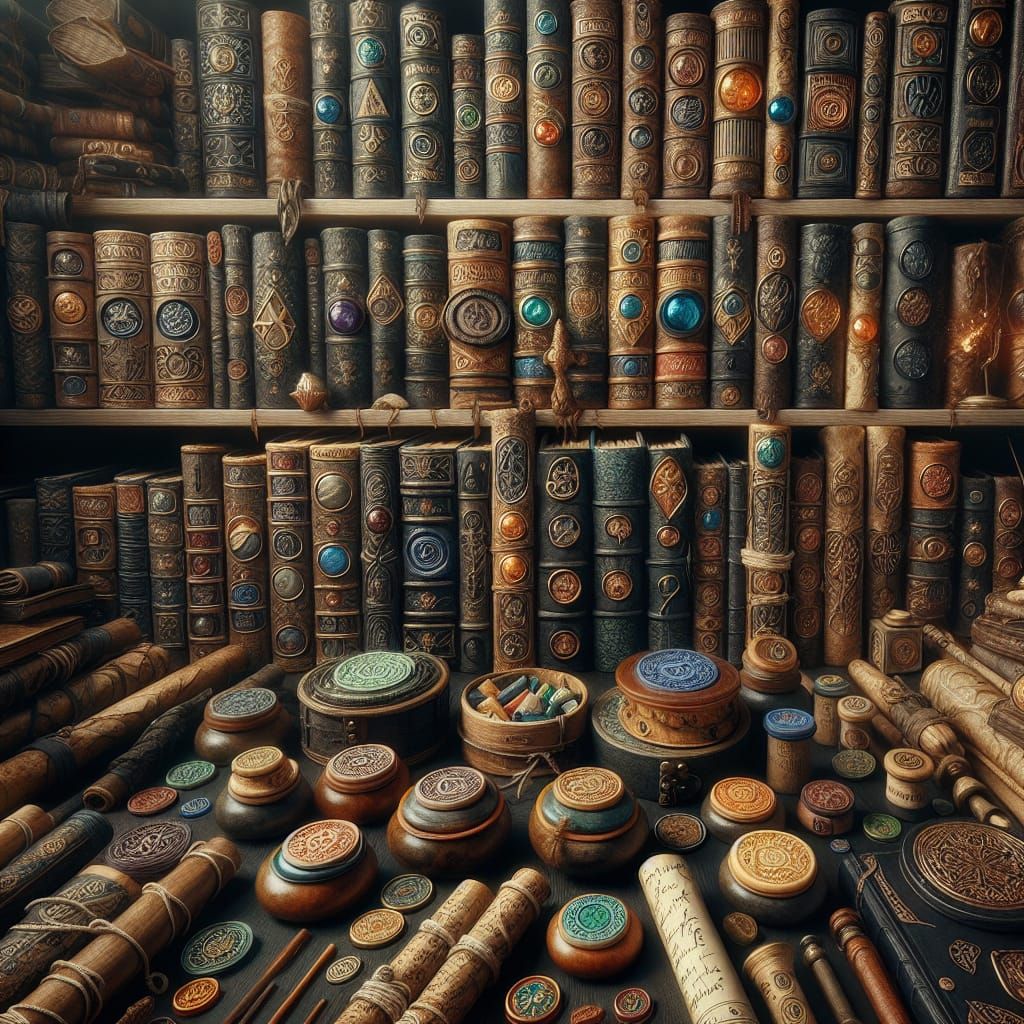 Wizard's Bookshelf: Extreme Closeup of Arcane Artifacts