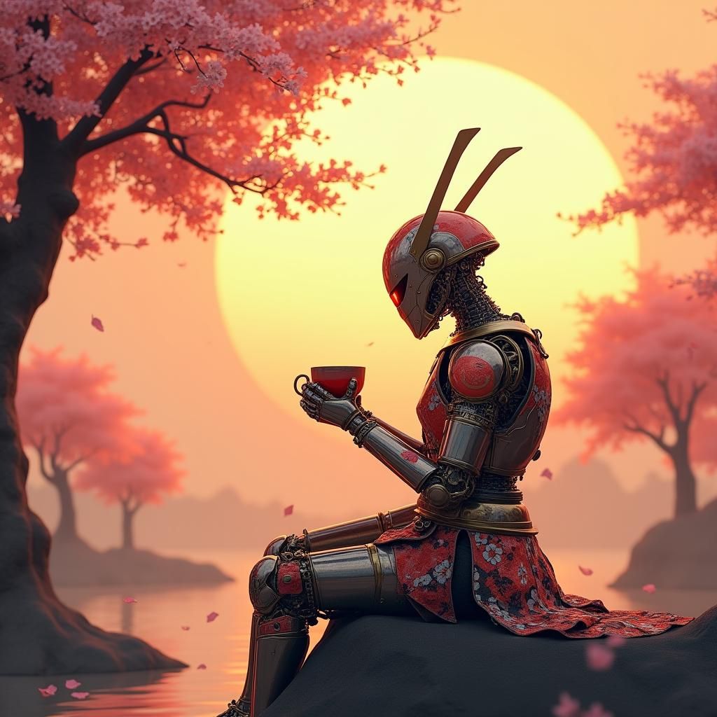 Robot Samurai Sipping Tea in Blossom Garden