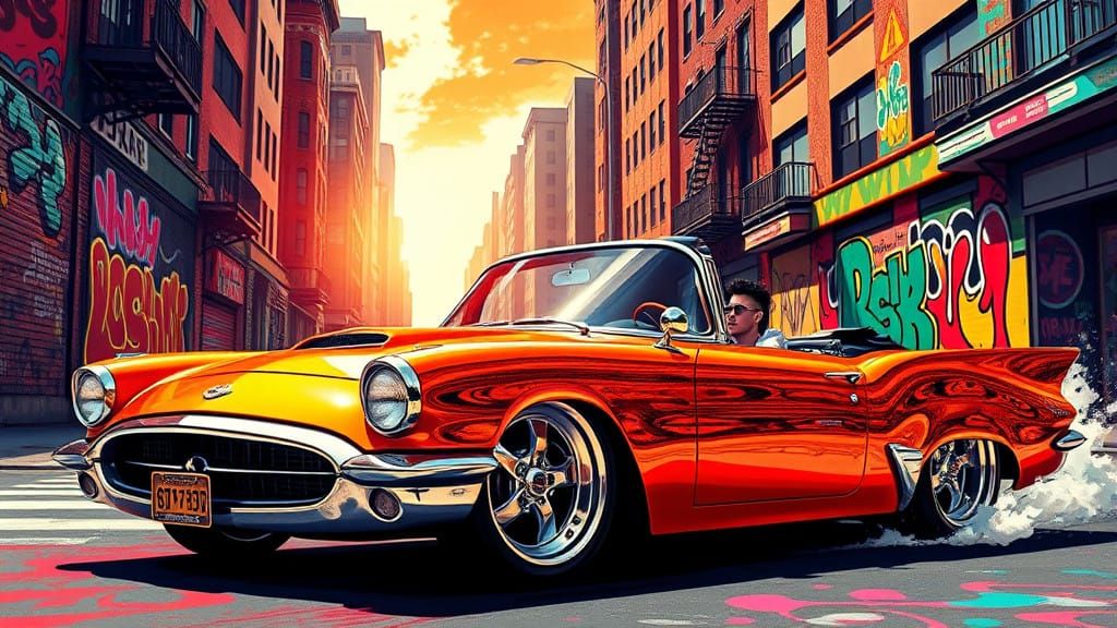 Sleek Low-Rider Cruises City Streets in a kaleidoscope of Co...
