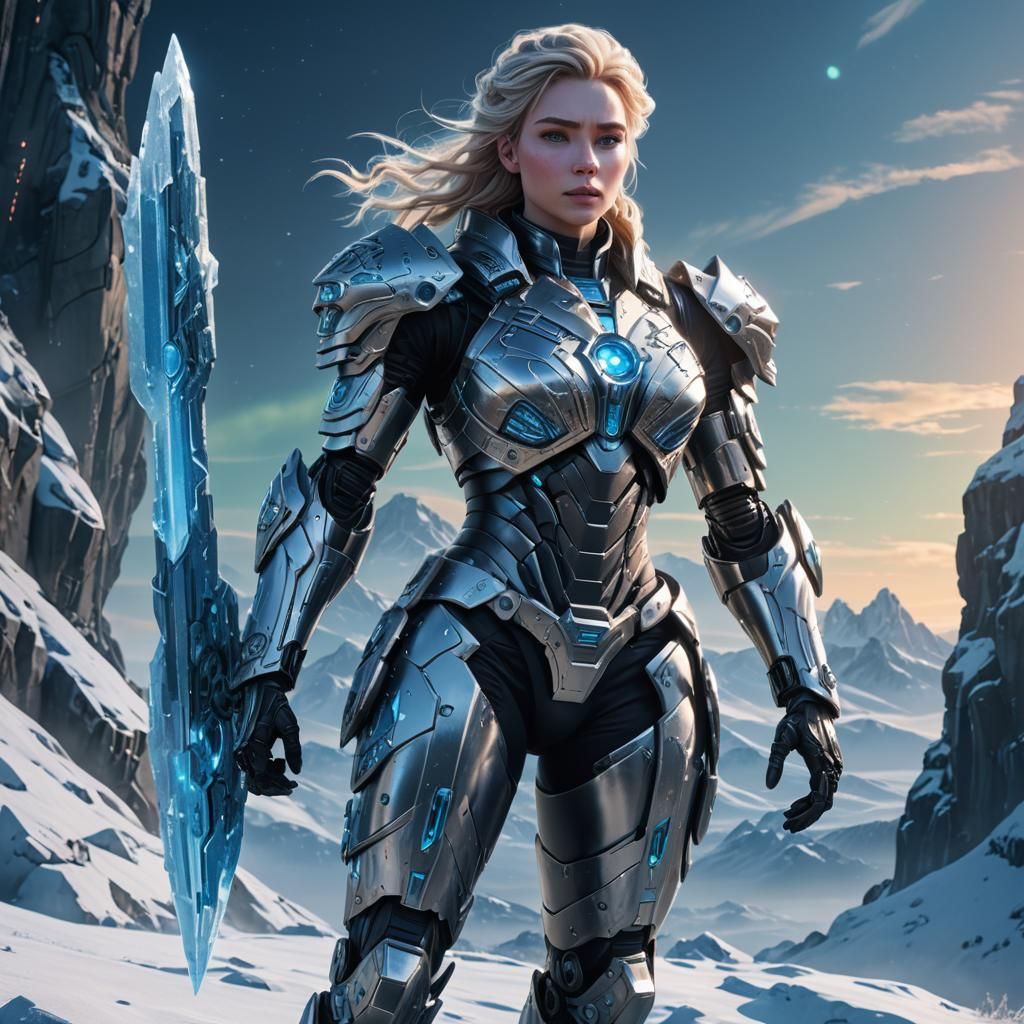 Cyberpunk Ice Queen on Snowy Cliff