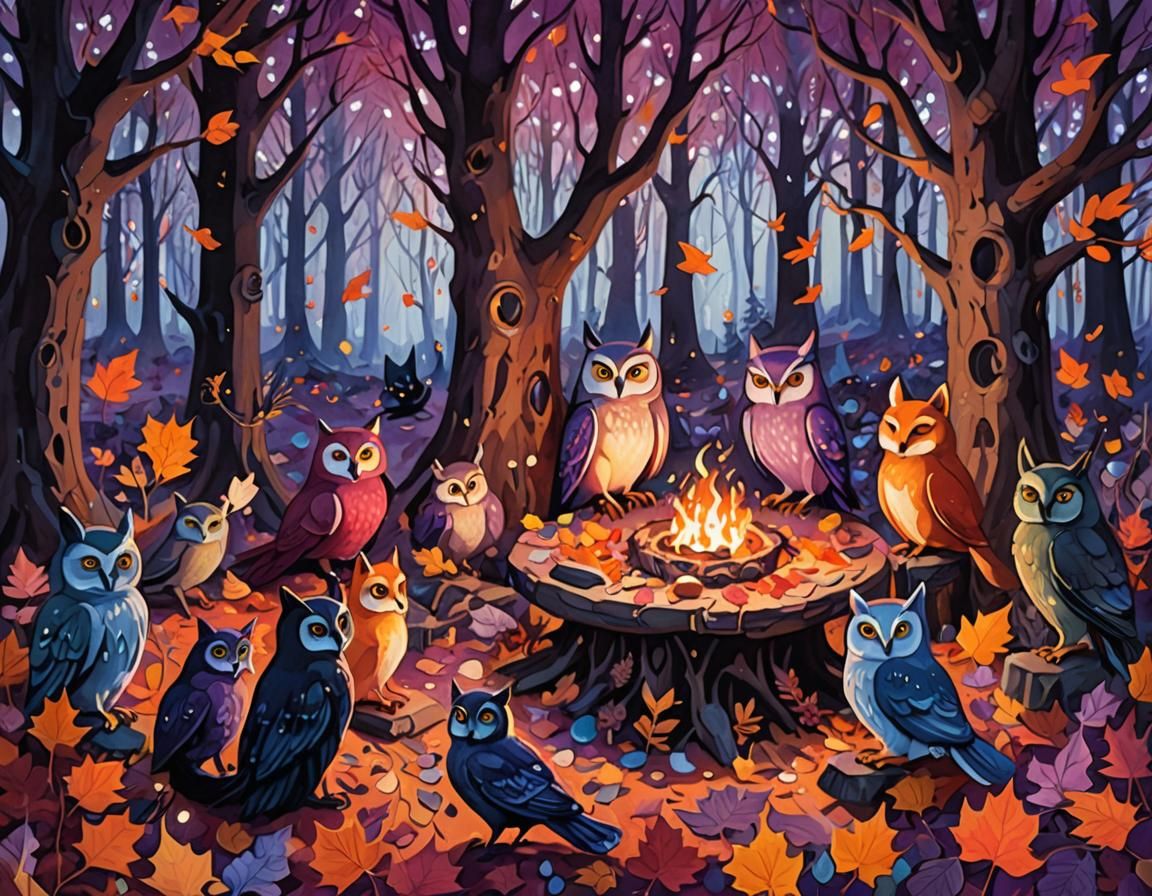 Enchanted Autumn Gathering in Gouache Style