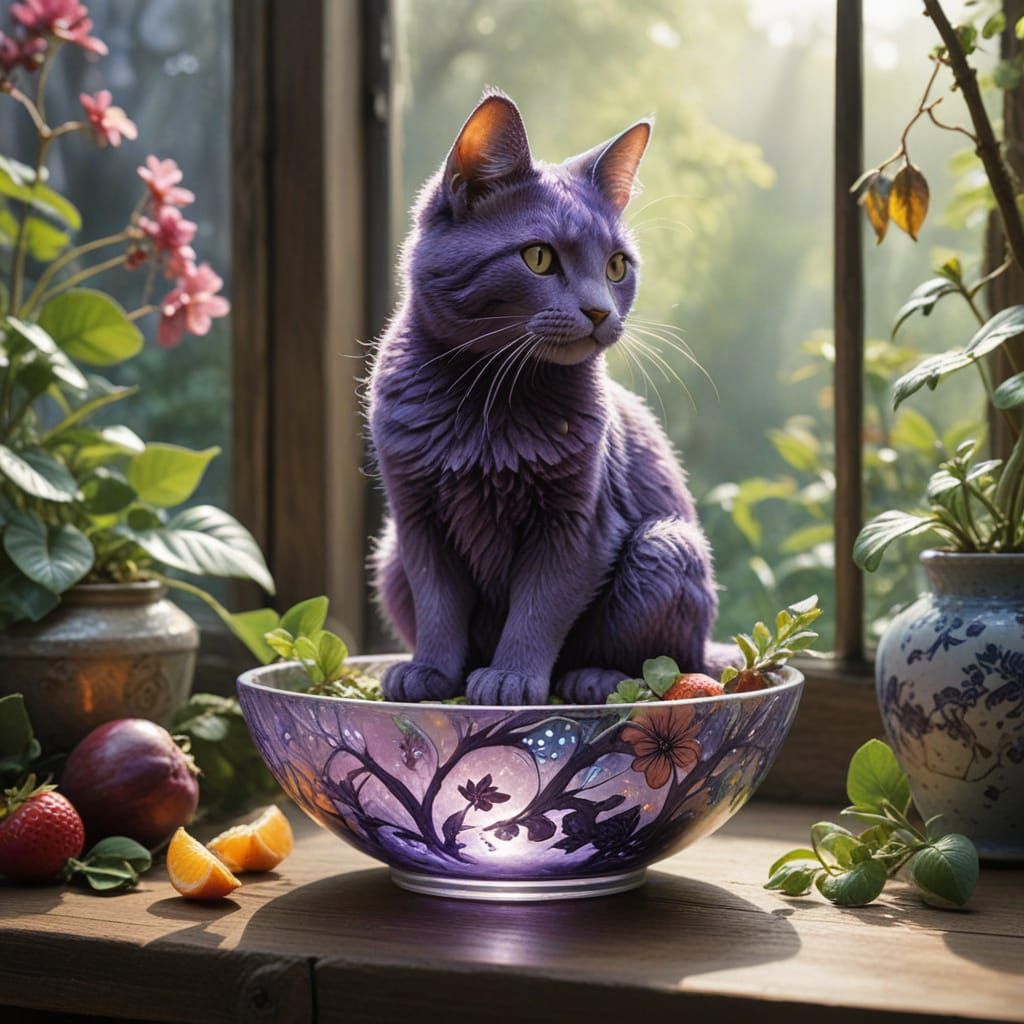 Whimsical Mangosteen-Feline Hybrid in a Sun-Dappled Garden