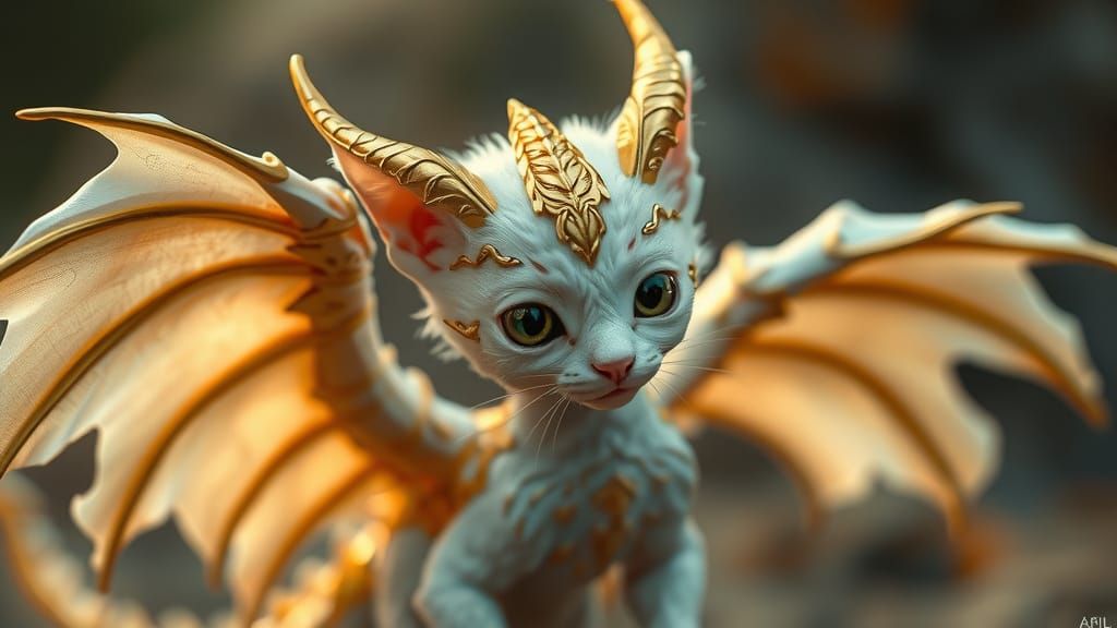 Gilded Dragon Kitten with Feathery Wings
