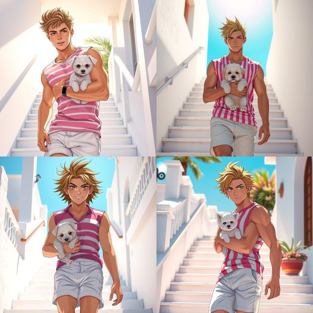 Giga Chad Strolls Down Sunlit Staircase with White Dog