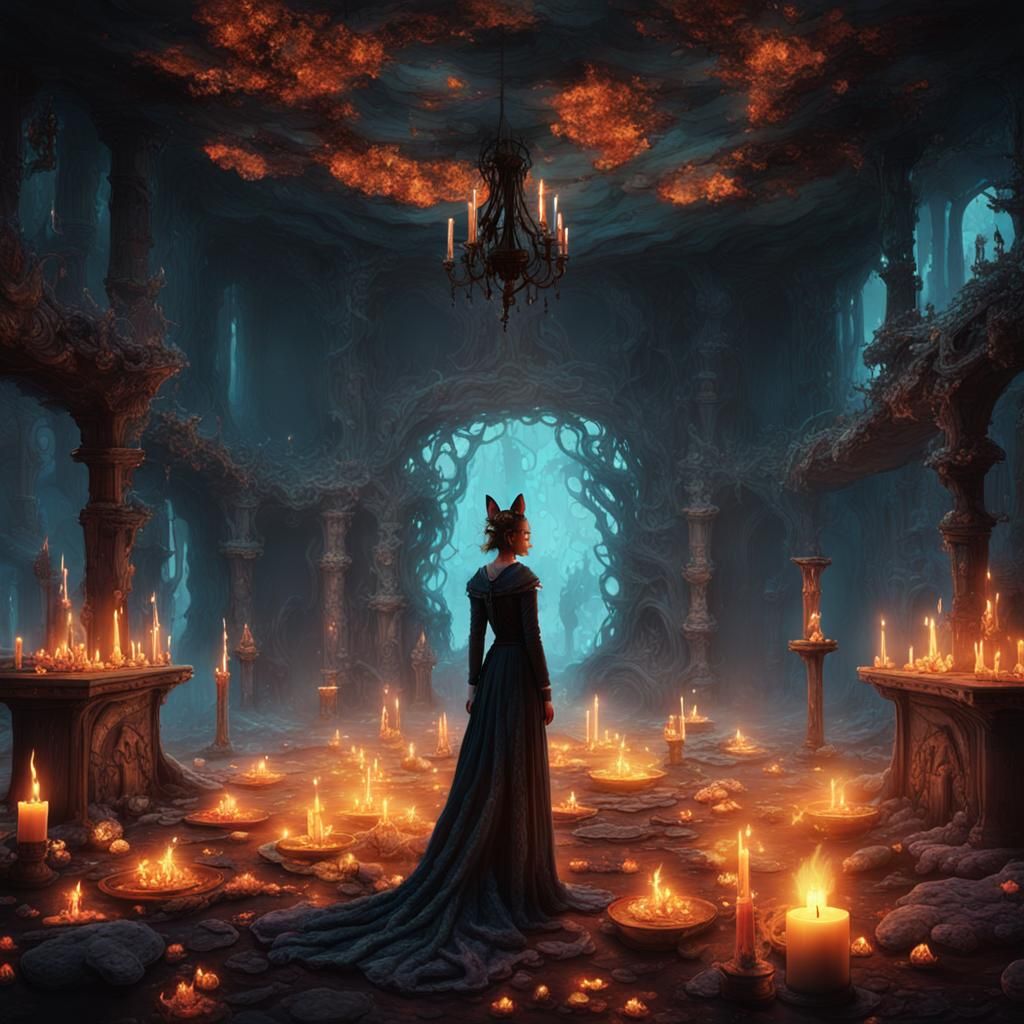 A surreal stygian room with decaying walls covered in fungus...