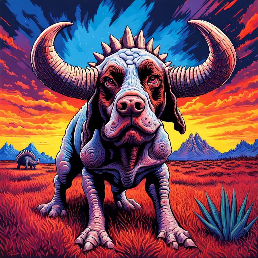 Springer Spaniel as Triceratops in Impasto Blacklight Painti...