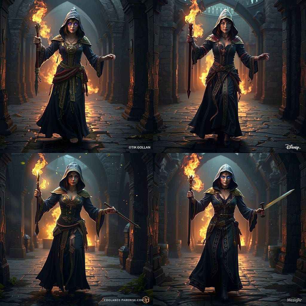 Medieval Fantasy Sorceress Cuts Through Dark Dungeon