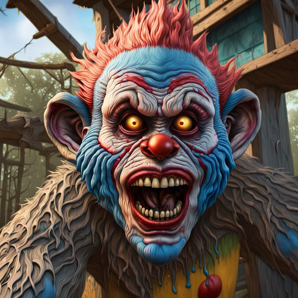 Hyperrealistic Zombie Monkey Clown in Treehouse