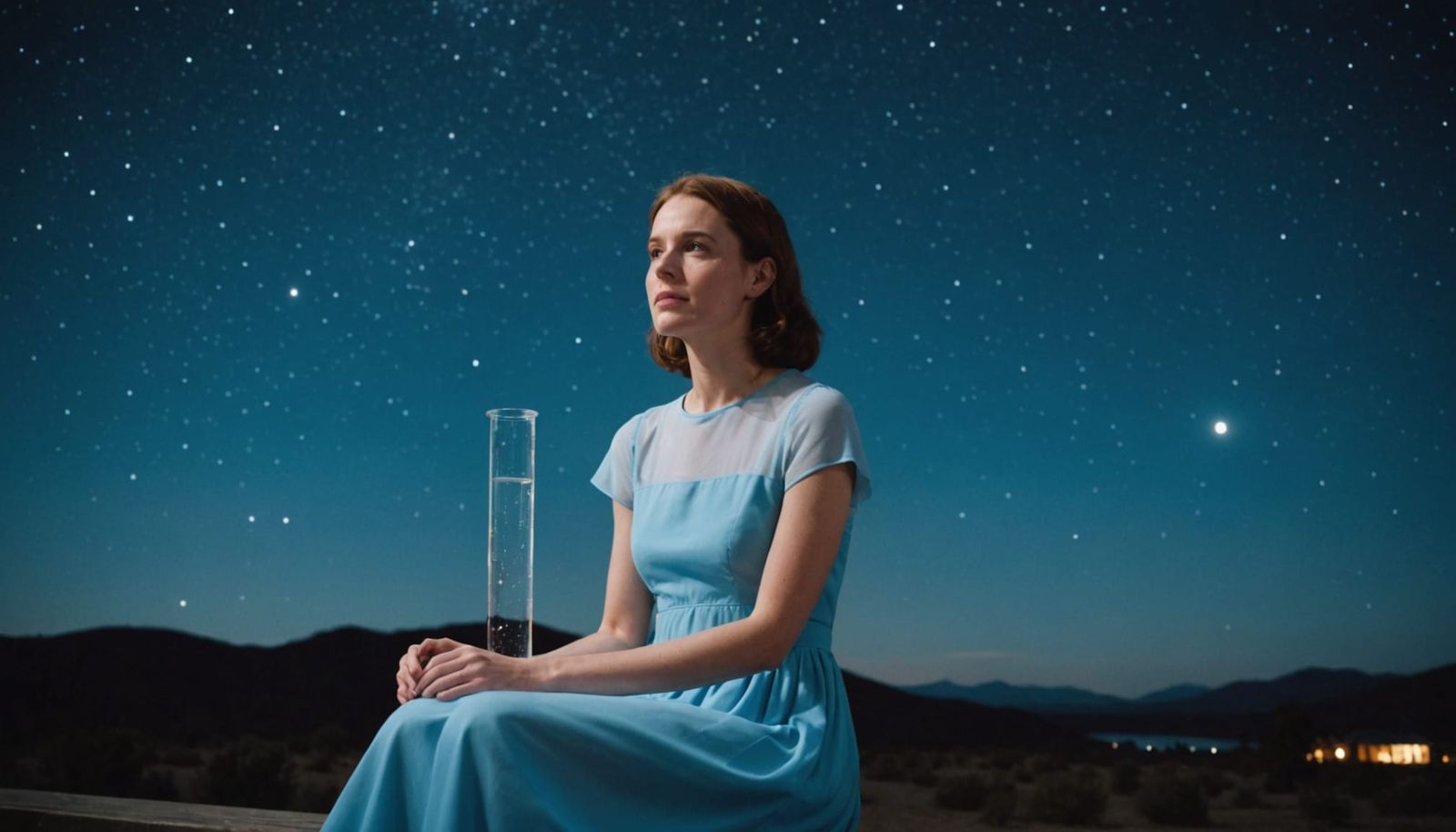 Woman in Translucent Blue Dress Amidst Starry Night