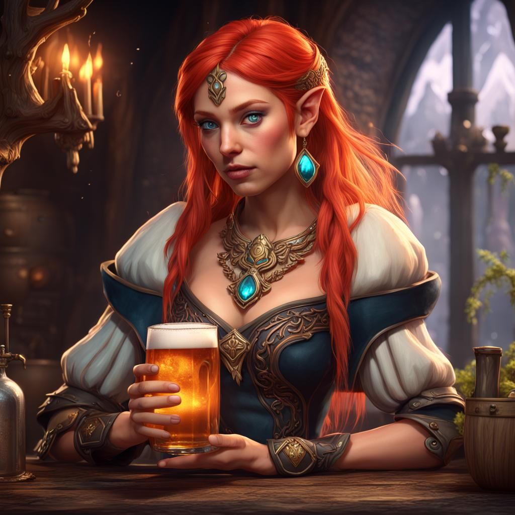 Moon Elf Innkeeper with Beer and Crystal Necklace