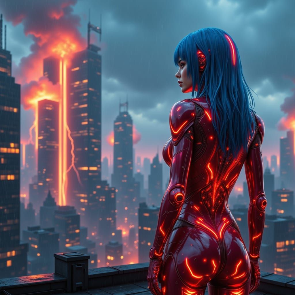 Cyberpunk Woman with Blue Hair on Rooftop