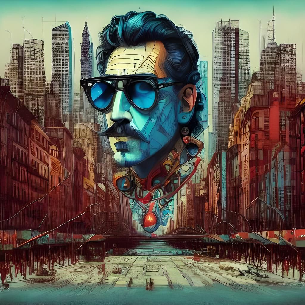 Surreal 3D Landscape with Art Deco Cityscape