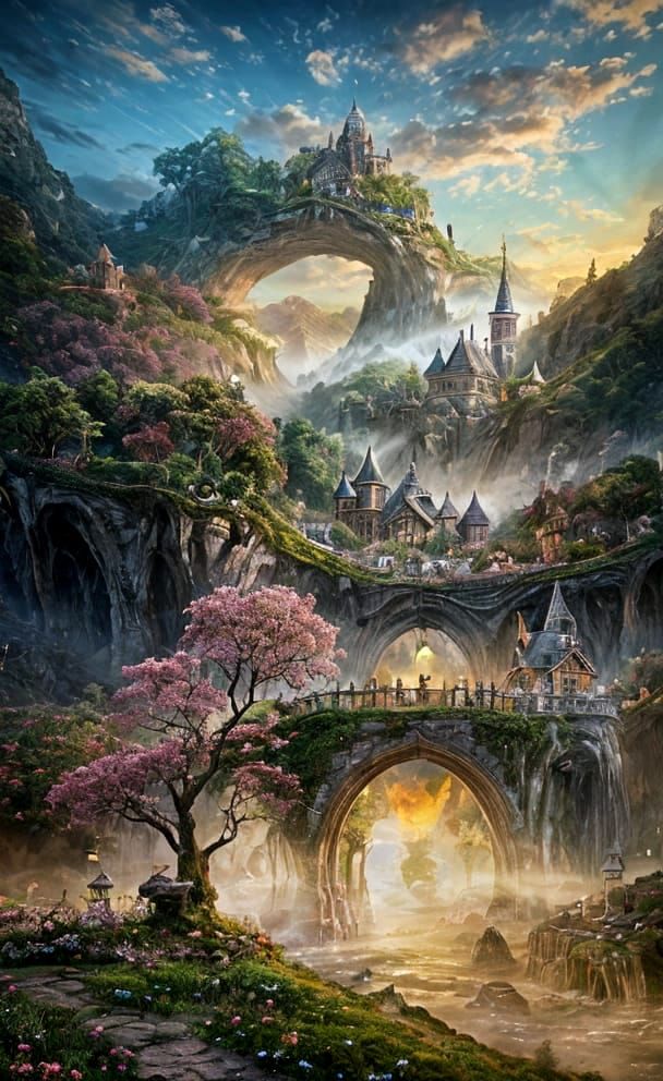 Whimsical Faerie Village Treehouse in Mystical Landscape