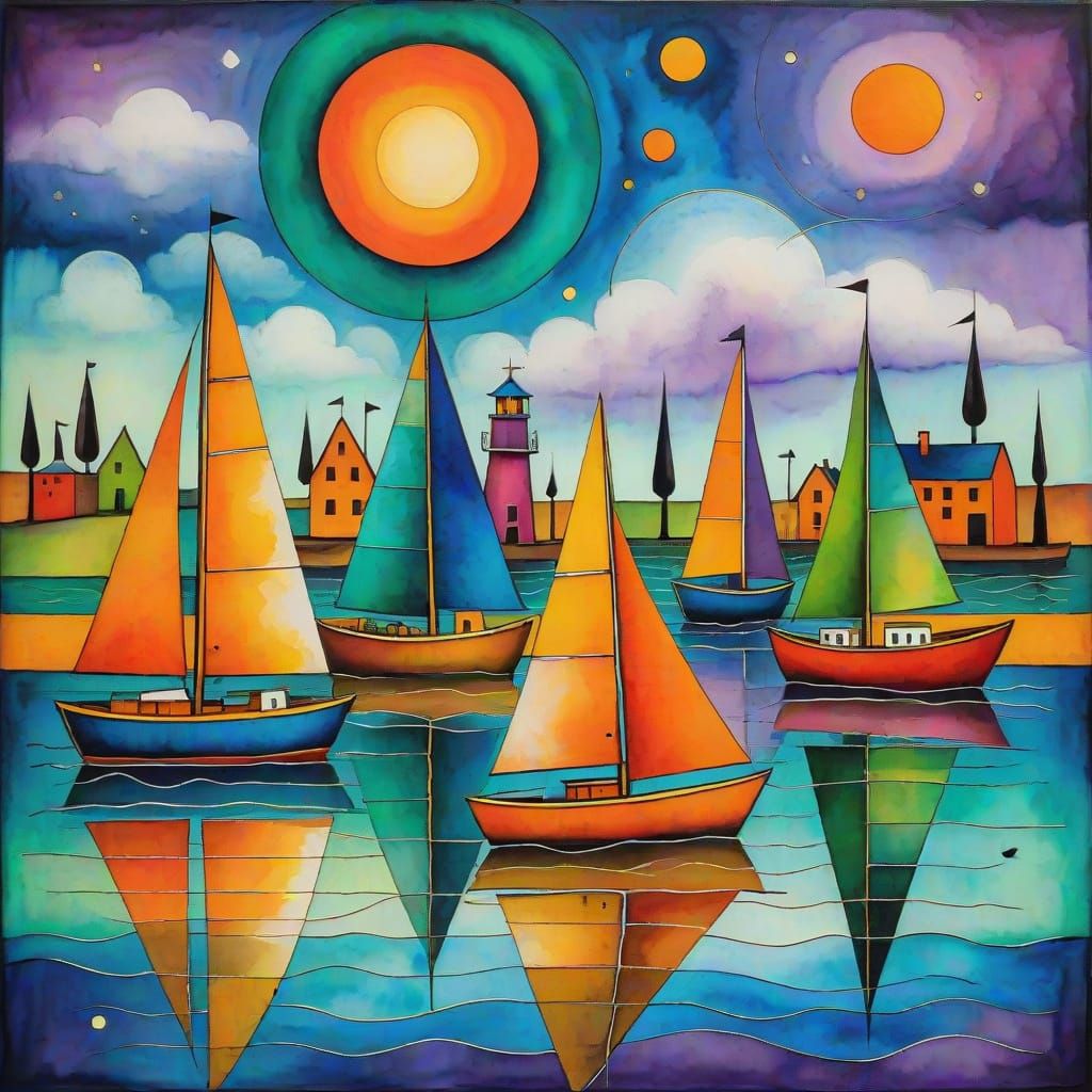 Dreamlike Sailboat Scene in Vibrant Colors