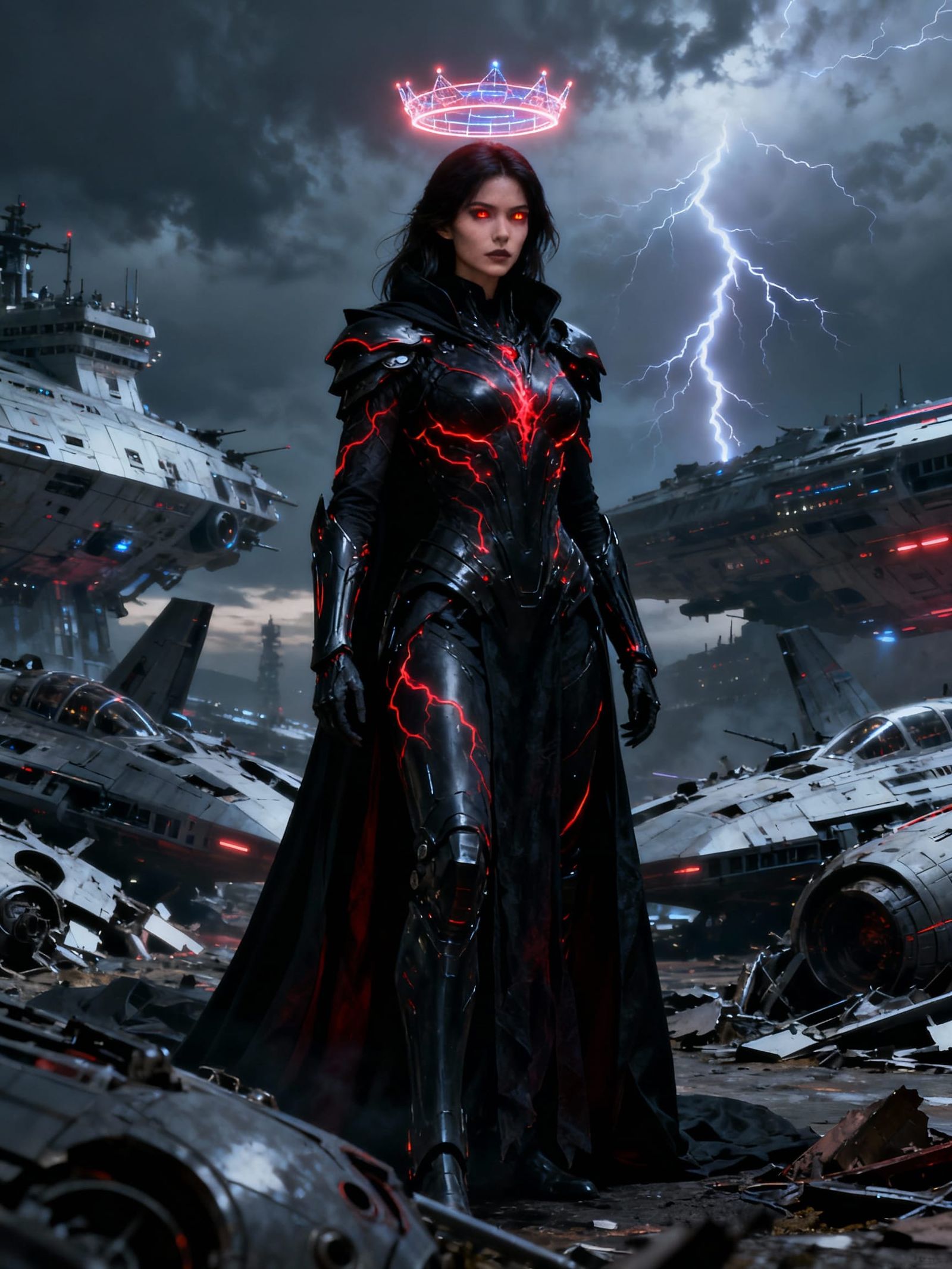 Dark Empress of a Futuristic Empire Amidst Wreckage