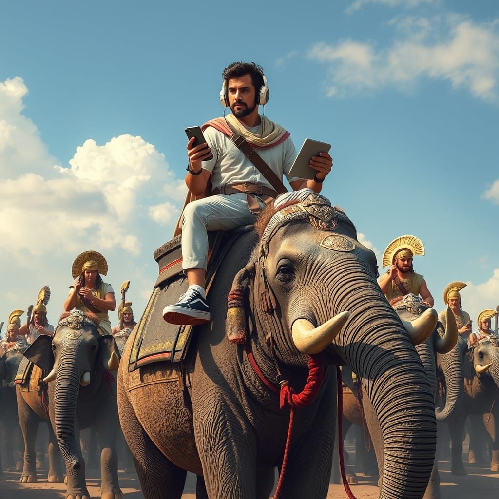 Modern Man Atop Greek War Elephant